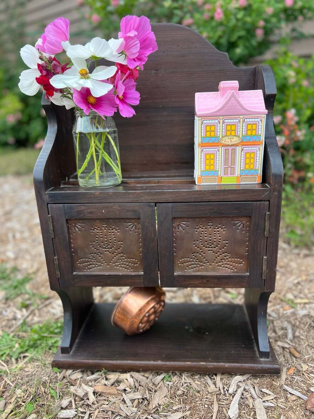 Stunning Pfaltzgraff Village Punched Copper Wood Shelf Cabinet with Mug Hooks